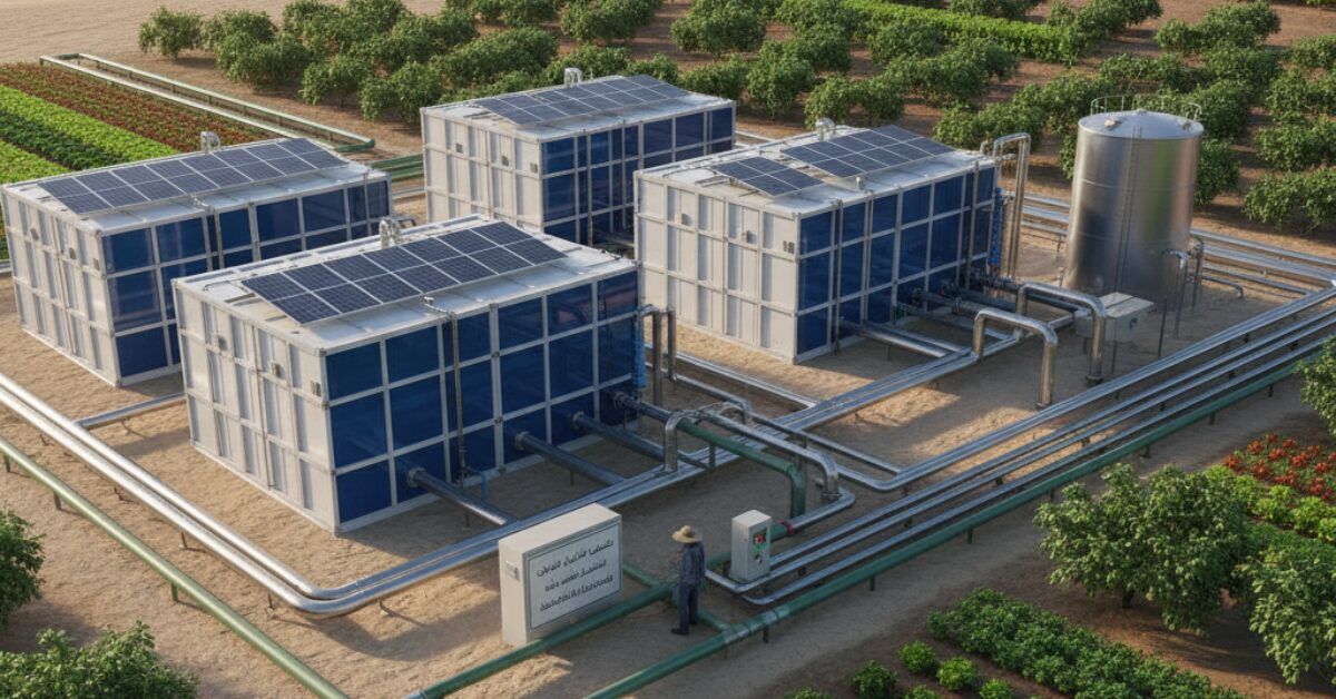 وحدة متكاملة من جهاز تحلية المياه المالحة للزراعة تعمل بالطاقة الشمسية، مثبتة وسط حقول زراعية خضراء مع شبكة أنابيب متطورة لتوزيع المياه.