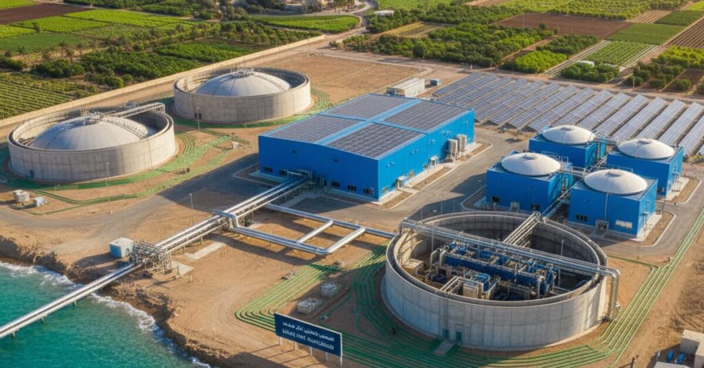محطة ضخمة تعتمد على جهاز تحلية المياه المالحة للزراعة بنظام الطاقة المتجددة، تخدم مساحات زراعية شاسعة وتضم خزانات ترشيح ومعالجة متقدمة.