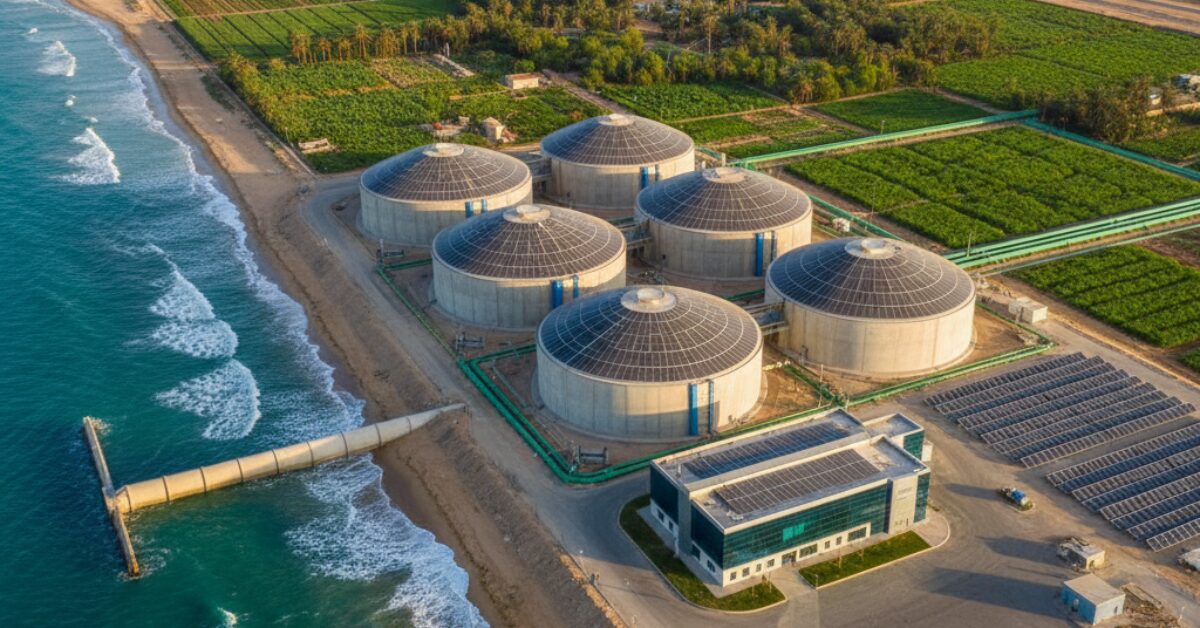 لقطة جوية لمحطة ضخمة تحتوي على جهاز تحلية المياه المالحة للزراعة بجوار ساحل البحر، تضم خزانات دائرية كبرى وألواح طاقة شمسية لتوفير مياه الري للمزارع المجاورة.