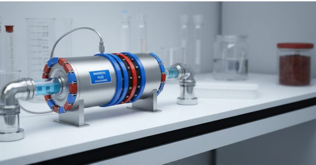 نموذج متطور لجهاز معالجة المياه المغناطيسي مزود بحلقات مغناطيسية حمراء وزرقاء في بيئة معملية، ويعد من الحلول الفعالة التي تؤثر على أسعار أجهزة مغنطة المياه في مصر بناءً على تقنيات تكسير جزيئات الكالسيوم