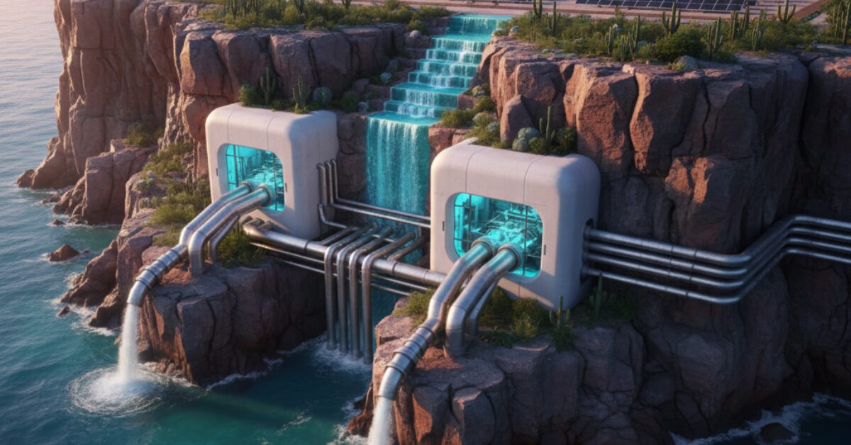 تصميم تخيلي يوضح فكرة تحلية المياه المالحة بطريقة يدوية وتقنية متطورة عبر محطة مدمجة في منحدر صخري على الساحل، تظهر فيها أنابيب ضخ ضخمة وشلالات مياه عذبة تصب في البحر.