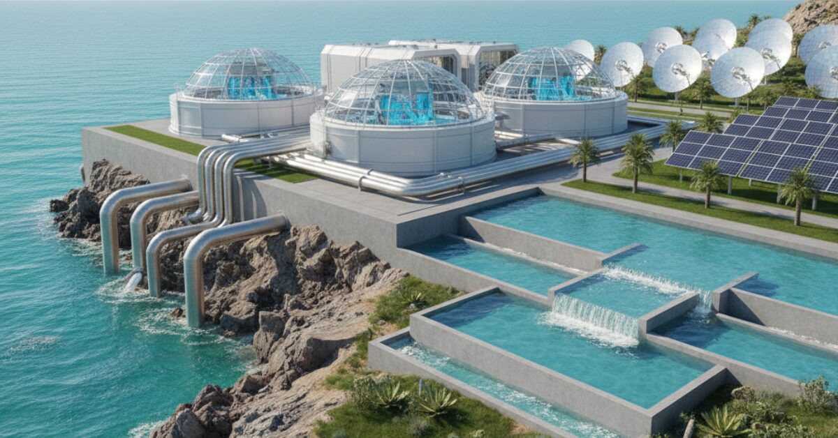 نموذج هندسي لمحطة تعتمد على تحلية المياه المالحة بطريقة يدوية مستدامة، تضم قباباً زجاجية وألواح طاقة شمسية وأحواض ترسيب مياه بجانب الشاطئ لتنقية المياه بفعالية.