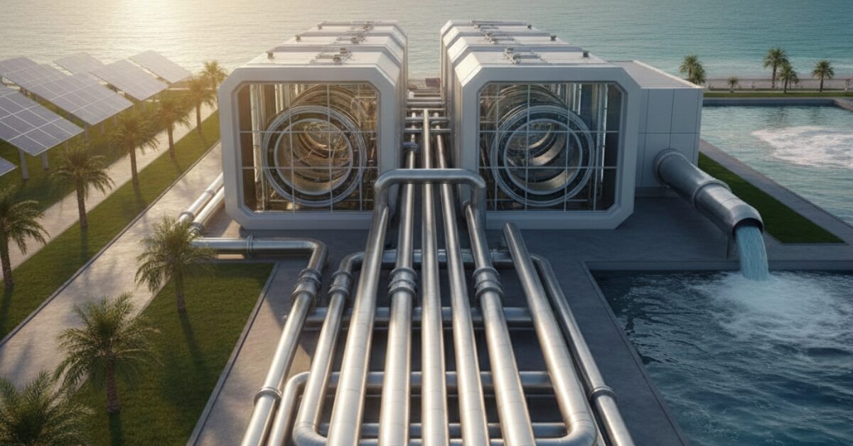 لقطة قريبة لمنظومة ميكانيكية تستخدم في تحلية المياه المالحة بطريقة يدوية، تظهر فيها توربينات ضخمة وأنابيب معدنية متوازية بجوار مصفوفة من الألواح الشمسية لإنتاج مياه نقية.