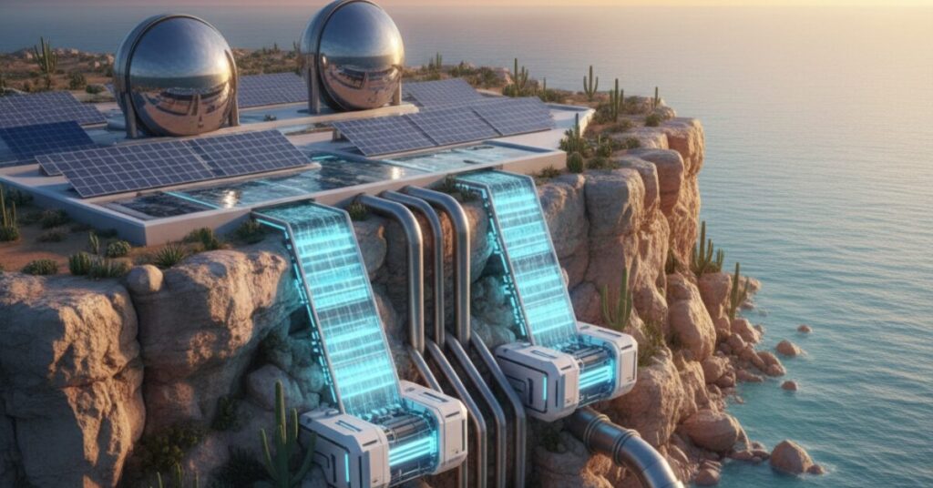 محطة ساحلية متطورة تعمل على تحلية المياه المالحة بطريقة يدوية وتقنية عبر استخدام الطاقة الشمسية والمرايا العاكسة، مع وجود شلالات من المياه المحلاة تنحدر من المنحدر الصخري نحو البحر.