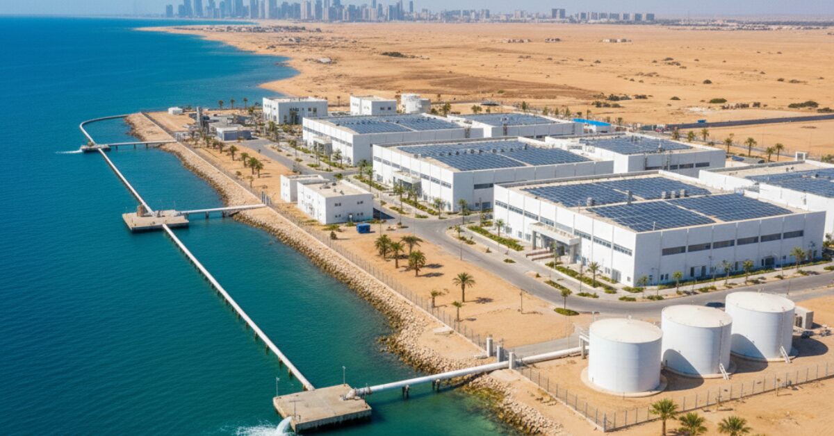 لقطة جوية توضح حجم البنية التحتية والمباني في محطة معالجة حديثة، مما يطرح تساؤل المستثمرين حول تكلفة مشروع تحلية مياه بهذا الحجم بجوار المناطق السكنية