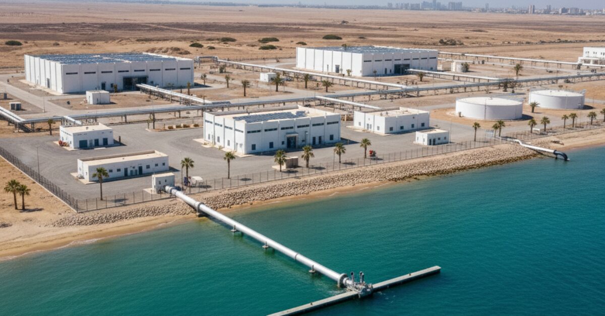 منشأة متطورة لتحلية مياه البحر تضم خزانات ووحدات طاقة شمسية فوق الأسطح، وهي تقنيات تؤثر بشكل مباشر في حساب تكلفة مشروع تحلية مياه مستدام وصديق للبيئة