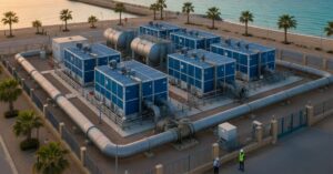 وحدات ومضخات تحلية مياه زرقاء اللون داخل موقع إنشائي، توضح الجانب الهندسي الدقيق الذي يحدد لرجال الأعمال تكلفة مشروع تحلية مياه من حيث الصيانة والتشغيل
