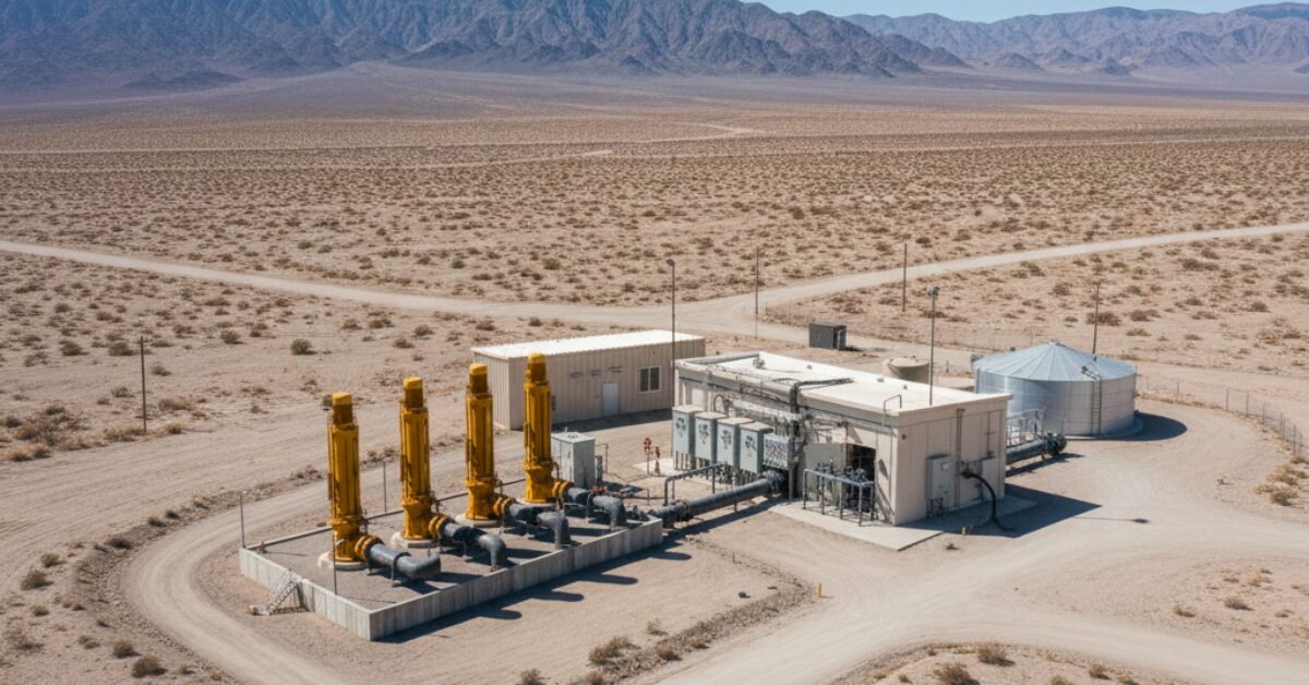 مشهد جوي لمحطة مياه متكاملة تضم صفاً من طلمبات سحب المياه الجوفية باللون الأصفر، متصلة بخزانات مياه ضخمة وشبكة أنابيب ممتدة في قلب الصحراء