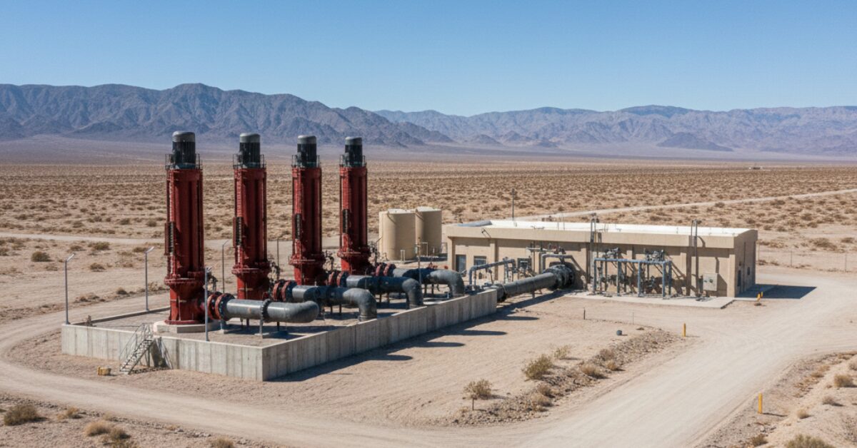 منظور علوي يظهر أربع طلمبات سحب المياه الجوفية ضخمة باللون الأحمر، مع تمديدات أنابيب السحب والضخ المتصلة بمرفق معالجة وتحكم في بيئة جبلية قاحلة