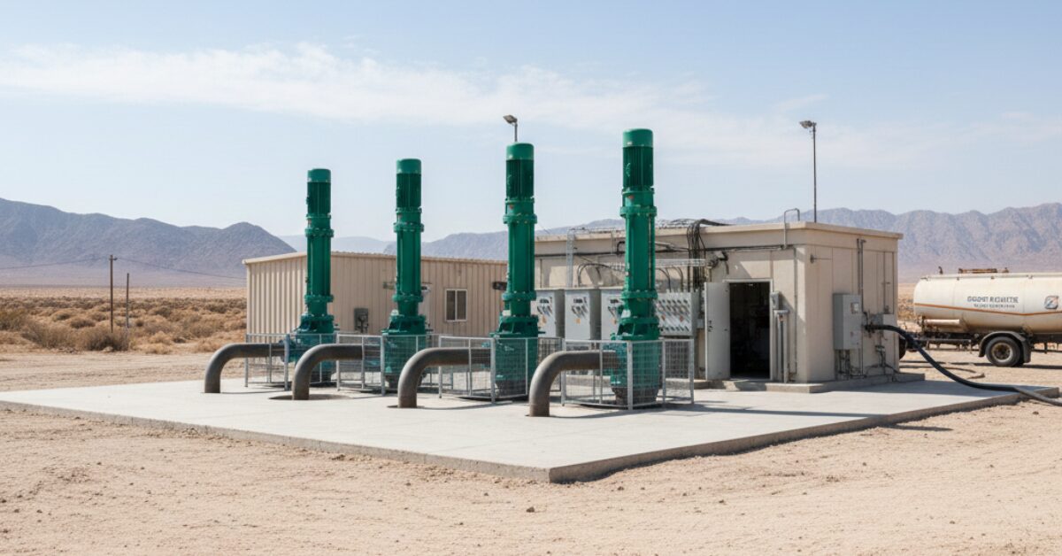 محطة مجهزة بأربع طلمبات سحب المياه الجوفية باللون الأخضر، مثبتة على قاعدة خرسانية في منطقة صحراوية مع ظهور مبنى تحكم وشاحنة نقل مياه في الخلفية