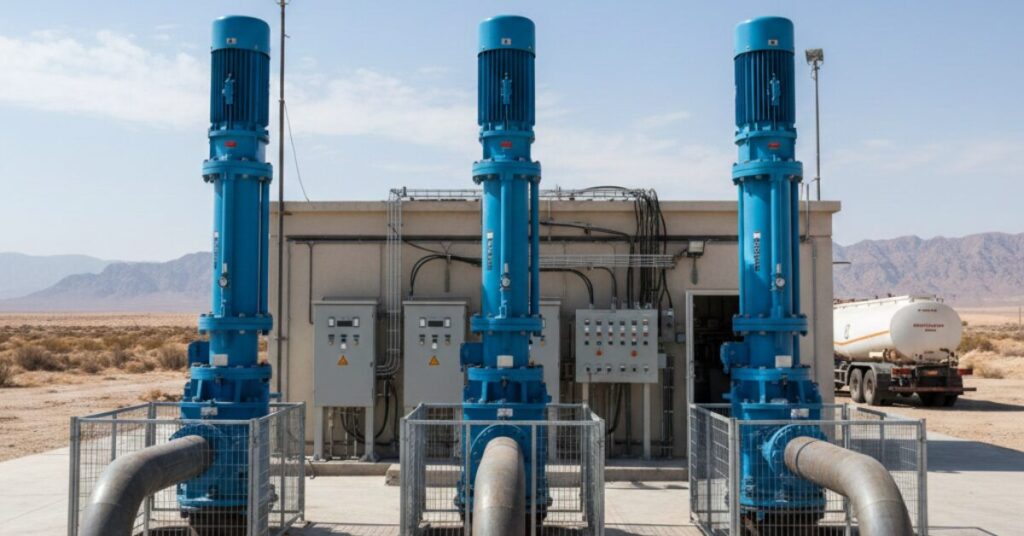 لقطة أمامية لثلاث طلمبات سحب المياه الجوفية باللون الأزرق، توضح التوصيلات الميكانيكية وصمامات السحب، مع لوحات التحكم الكهربائية المثبتة على جدار المبنى