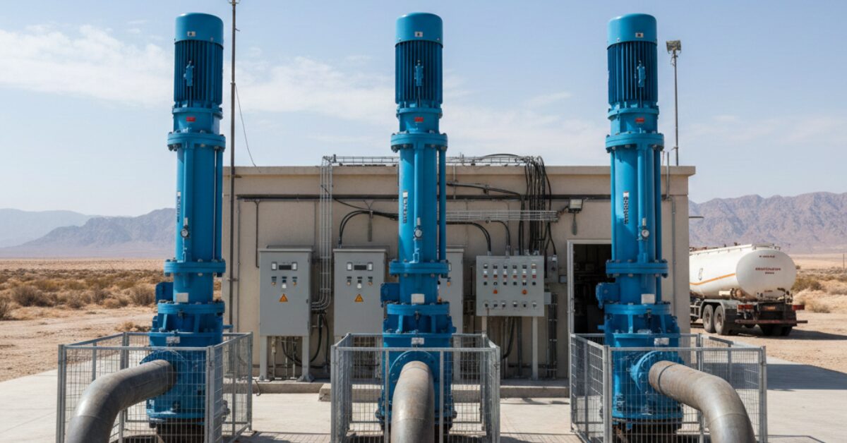 لقطة أمامية لثلاث طلمبات سحب المياه الجوفية باللون الأزرق، توضح التوصيلات الميكانيكية وصمامات السحب، مع لوحات التحكم الكهربائية المثبتة على جدار المبنى