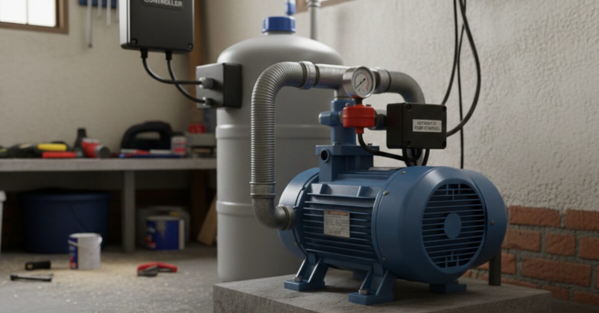 موتور مياه كهربائي أزرق اللون متصل بجهاز تحكم إلكتروني حديث يشرح كيفية ضبط أوتوماتيك موتور المياه للتحكم في ضغط التدفق.