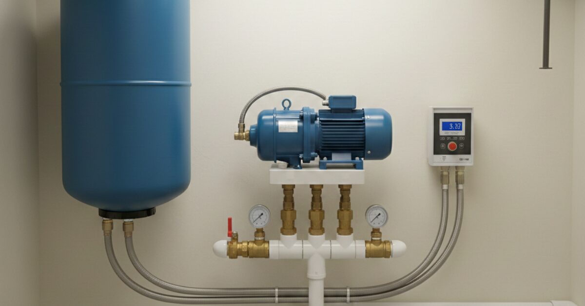 مضخة مياه منزلية ذكية مزودة بلوحة تحكم إلكترونية ديجيتال وخزان ضغط جانبي، تمثل الحلول المتقدمة التي تؤثر في أسعار مضخات المياه المنزلية ذات التقنية العالية.