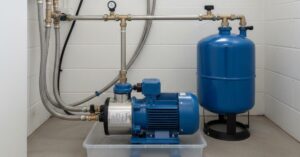 مضخة مياه كهربائية زرقاء قوية مع خزان تمدد في زاوية الغرفة، توضح التجهيزات الحديثة لرفع كفاءة المياه، وتختلف تكلفتها بناءً على أسعار مضخات المياه المنزلية وقوة الحصان