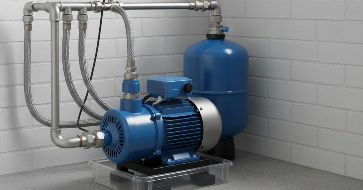 مضخة مياه منزلية متصلة بخزان ضغط أزرق رأسي وتوصيلات معدنية مرنة، مصممة لتحسين ضغط المياه في الشقق، وهي من الفئات التي يبحث عنها الراغبون في معرفة أسعار مضخات المياه المنزلية الاقتصادية.