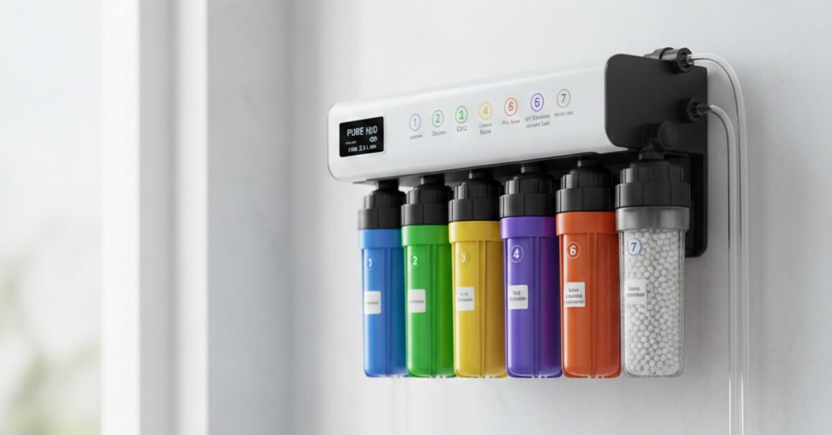 جهاز تنقية مياه منزلي يظهر فيه ترتيب الشمعات العلوية، ويستخدم لتوضيح كيفية فحص التوصيلات والخراطيم عند البحث عن أسباب ضعف مياه الفلتر ٧ مراحل أو الموديلات المشابهة