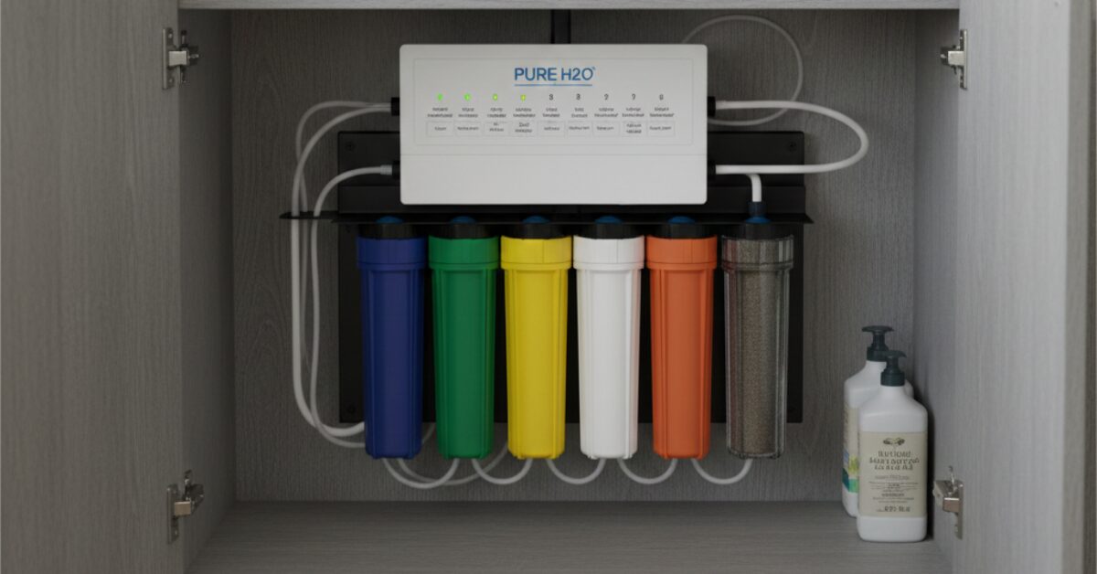 صورة توضح فلتر مياه حديث 7 مراحل بألوان مميزة داخل خزانة المطبخ، حيث يتطلب هذا النوع صيانة دورية لتجنب انسداد الشمعات الذي يعد من أهم أسباب ضعف مياه الفلتر 7 مراحل