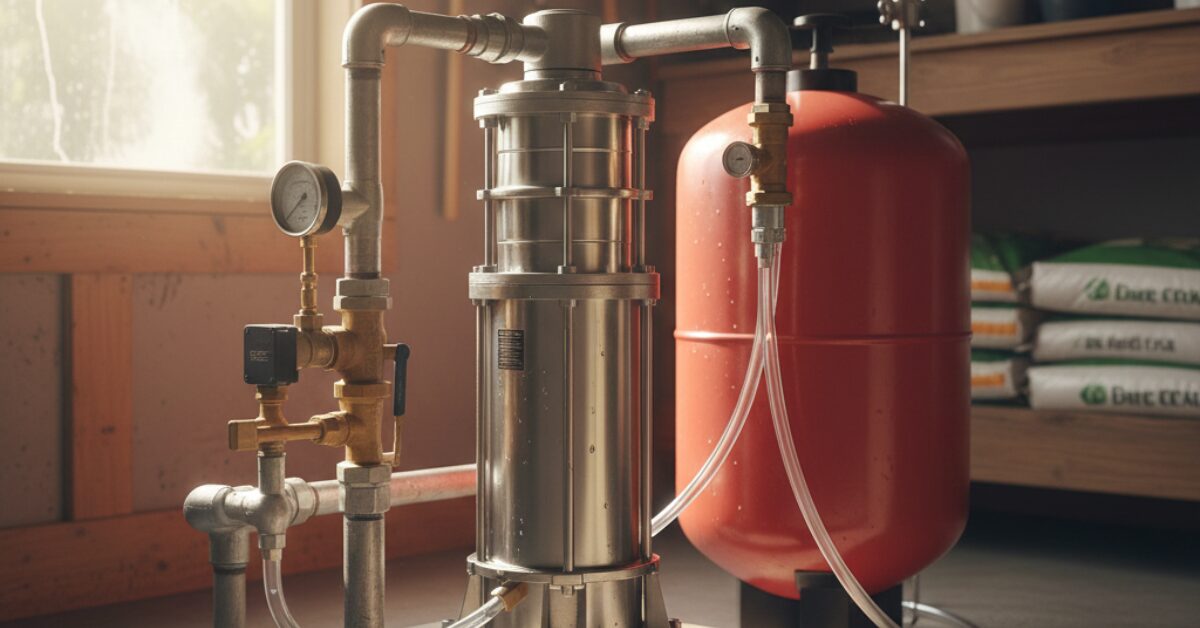 نظام ضخ مياه متكامل يحتوي على خزان ضغط أحمر ومواسير معدنية، يوضح التوصيلات الضرورية لعملية تفريغ الهواء من موتور المياه لضمان استقرار ضغط الشبكة