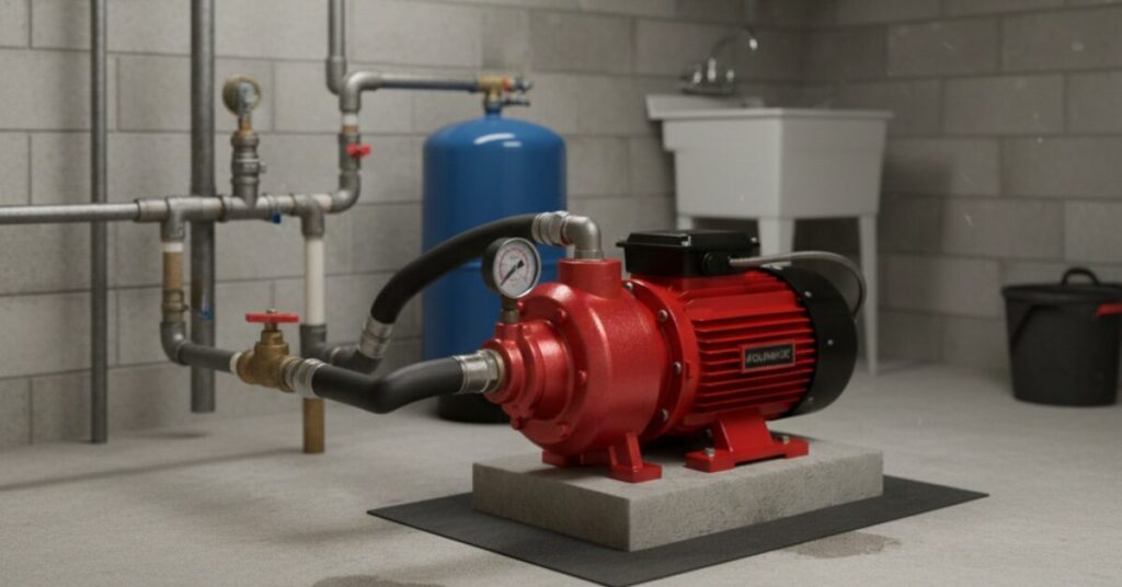 موتور مياه كهربائي باللون الأحمر مثبت على قاعدة خرسانية بجانب خزان ضغط أزرق، وهو النوع الذي يحتاج لمتابعة دورية لإجراء تفريغ الهواء من موتور المياه عند ضعف سحب المياه