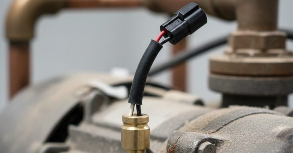 صورة قريبة توضح طريقة توصيل الأسلاك الكهربائية في حساس حرارة موتور المياه مع وجود غطاء حماية بلاستيكي لحماية الوصلات من الرطوبة.