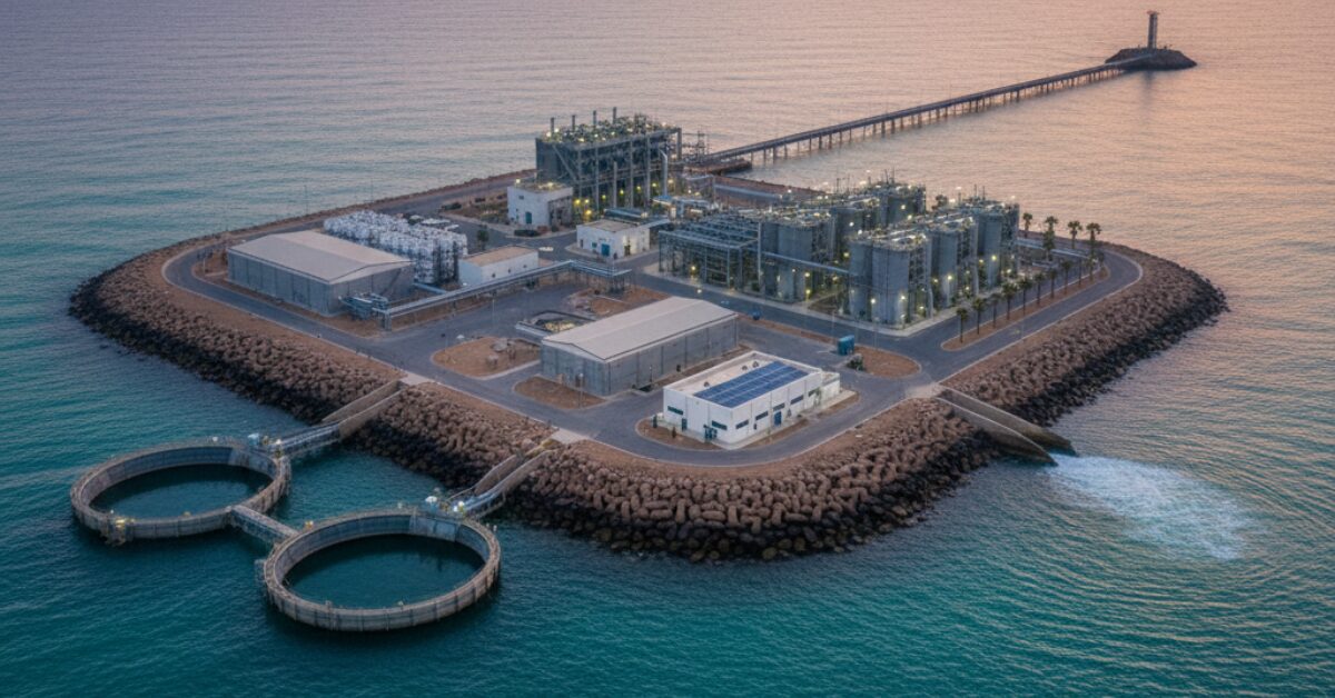 تصميم هندسي متكامل لـ مكونات محطة تحلية المياه مبنية على جزيرة اصطناعية، يوضح أحواض الترسيب الدائرية، وحدات الفلترة، ومنشآت الطاقة المرتبطة بالمحطة