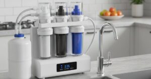 أفضل جهاز تحلية مياه منزلي بتصميم مدمج باللون الأسود المطفي، يحتوي على شاشة ذكية لمراقبة جودة المياه وفلترين جانبيين لضمان أعلى مستويات النقاء.