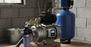 اوتوماتيك مضخة ماء حديث مزود بشاشة رقمية مثبت على مضخة طرد مركزي بجانب خزان ضغط أزرق