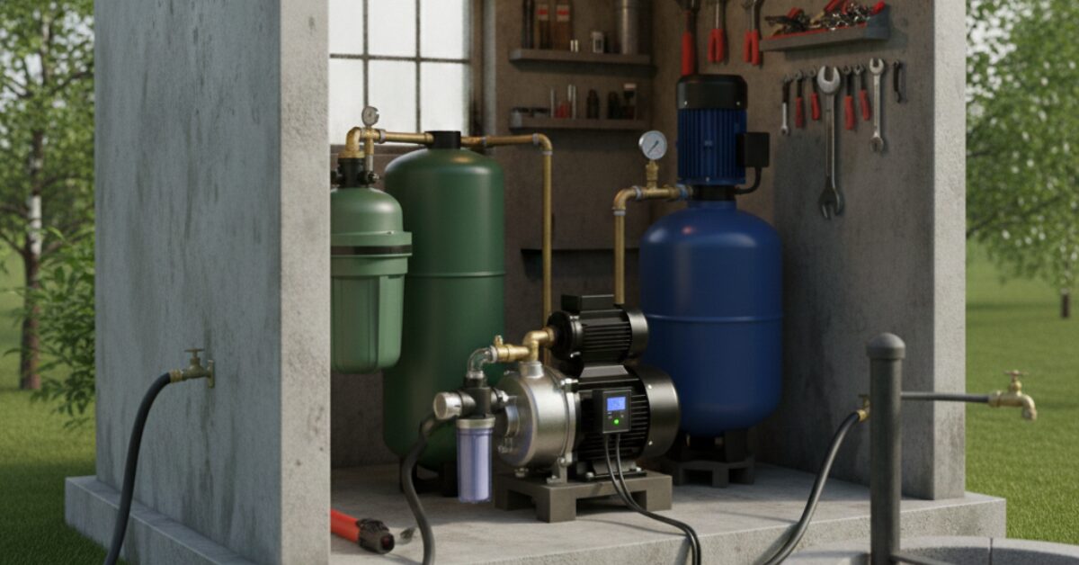عرض توضيحي لغرفة معدات تحتوي على اوتوماتيك مضخة ماء وخزانات موازنة الضغط لتنظيم تدفق المياه في المباني