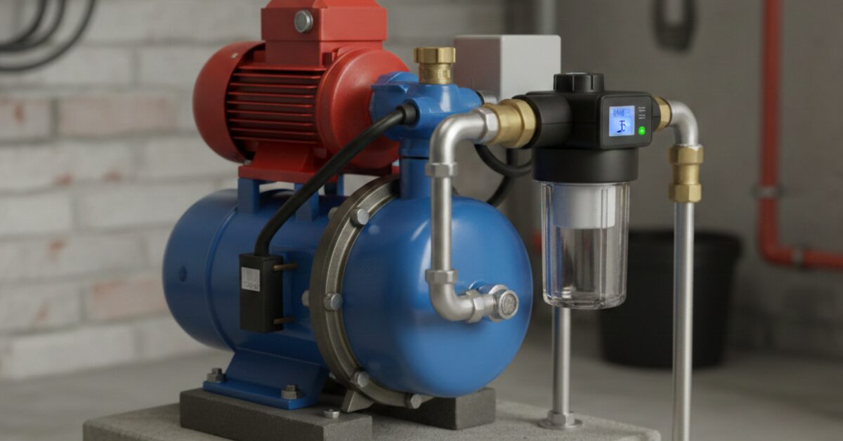 جهاز اوتوماتيك مضخة ماء مدمج مع فلتر شفاف مثبت على مضخة مياه زرقاء لتوفير ضغط مياه ثابت