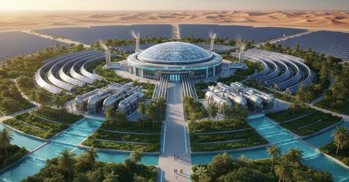 لقطة علوية لمنشأة حديثة متخصصة في تحلية مياه الآبار المالحة، تظهر فيها صفوف واسعة من الألواح الشمسية لتوليد الطاقة النظيفة، مع أحواض مائية متدرجة وحدائق نخيل تحيط بالمبنى الرئيسي