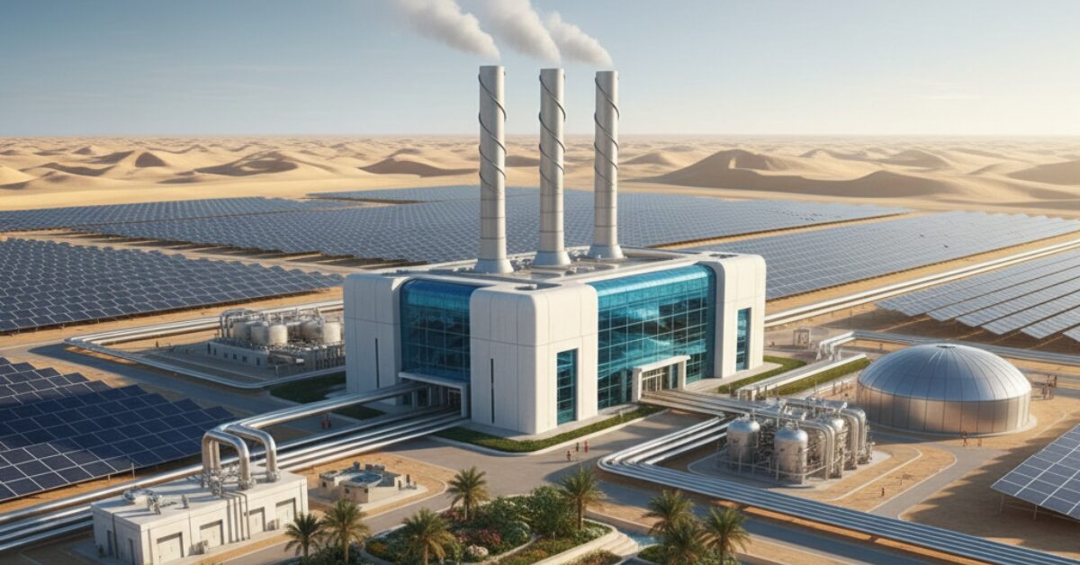 لقطة علوية لمنشأة حديثة متخصصة في تحلية مياه الآبار المالحة، تظهر فيها صفوف واسعة من الألواح الشمسية لتوليد الطاقة النظيفة، مع أحواض مائية متدرجة وحدائق نخيل تحيط بالمبنى الرئيسي