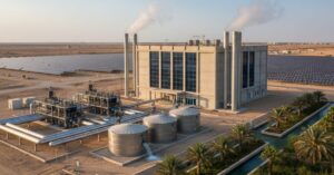 منشأة صناعية واقعية لمحطة تحلية مياه الآبار المالحة، تشتمل على خزانات مياه معدنية كبيرة، وأنابيب ضخ ضخمة، وحقول من الألواح الشمسية في الخلفية لتوفير حلول مياه مستدامة