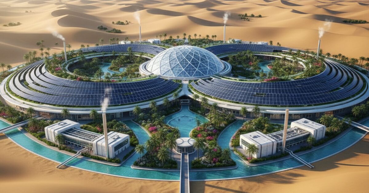 مبنى تقني متطور لمحطة تحلية مياه الآبار المالحة يعمل بالطاقة الشمسية، يظهر واجهات زجاجية زرقاء وأبراج تهوية طويلة، مع شبكة معقدة من الأنابيب والخزانات الصناعية في بيئة صحراوية