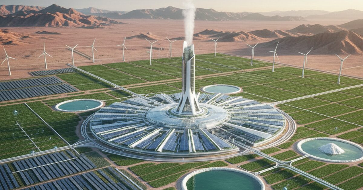 مجمع زراعي مستقبلي يعتمد على الطاقة المتجددة (الرياح والشمس) لتشغيل محطة ضخمة لـ تحلية مياه الآبار للزراعة وسط بيئة جبلية، مع وجود أحواض تخزين مياه دائرية.