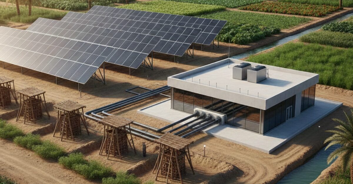 منظومة متكاملة تستخدم الألواح الشمسية لتوفير الطاقة اللازمة لعملية تحلية مياه الآبار للزراعة في المناطق الصحراوية، مع قنوات ري تمتد بجانب المحاصيل الخضراء.