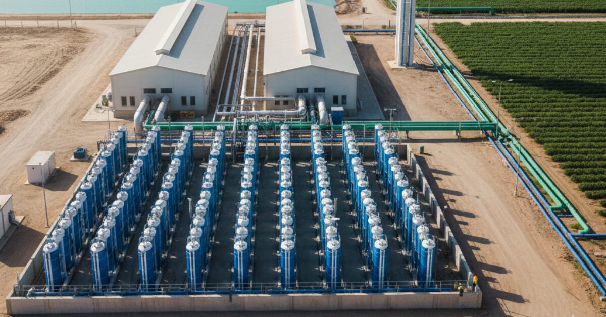 لقطة علوية لوحدات الفلترة والمعالجة المتقدمة داخل محطة تحلية مياه الآبار للزراعة، وتظهر الخزانات الأسطوانية الزرقاء وشبكة الأنابيب التي تنقل المياه الصالحة لري الحقول المجاورة.