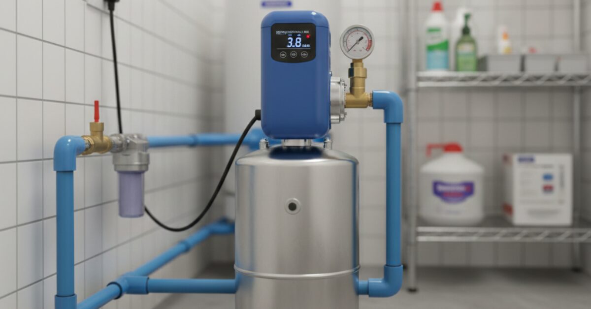 مظهر احترافي يوضح نتيجة تركيب اوتوماتيك مضخة الماء الرقمي مع مقياس ضغط (مانومتر) وفلتر مياه متصل بشبكة الأنابيب المنزلية