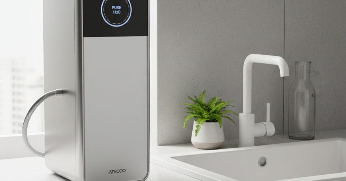 : جهاز تنقية المياه المنزلي ذكي باللون الفضي مع شاشة رقمية LED لعرض جودة المياه، موضوع بجانب حوض المطبخ