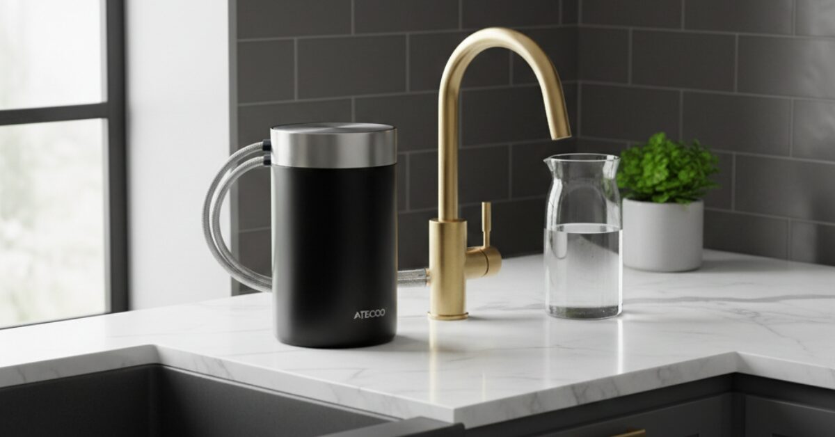 جهاز تنقية المياه المنزلي بتصميم أسطواني أسود أنيق متصل بصنبور ذهبي، يجمع بين الفخامة وتكنولوجيا التنقية المتقدمة.