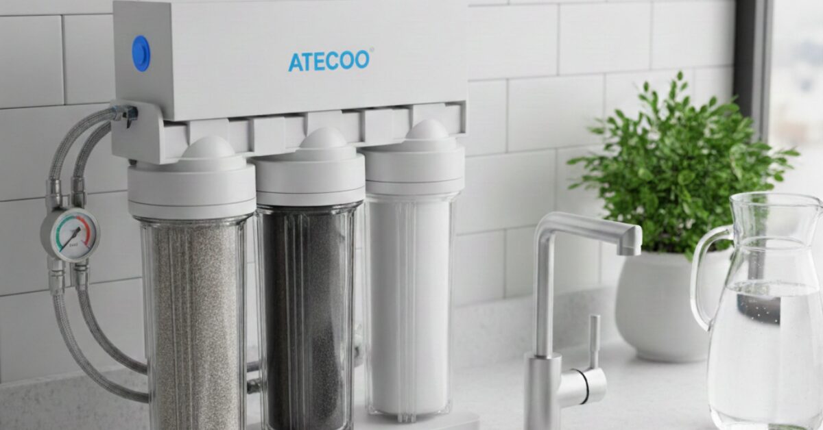 جهاز تنقية المياه المنزلي ATECOO بنظام الفلترة الثلاثي مع عداد ضغط، يظهر مراحل تنقية الشوائب والكربون بوضوح.