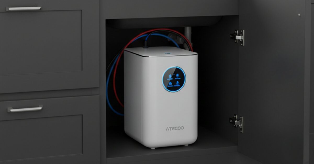 تصميم عصري وcompact لـ جهاز تنقية المياه المنزلي ماركة ATECOO مثبت داخل خزانة المطبخ تحت الحوض لتوفير المساحة.