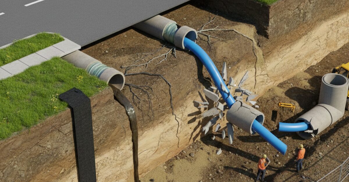 مخطط تقني يوضح عملية استبدال الأنابيب القديمة المكسورة بأنابيب زرقاء حديثة ضمن حلول تسرب مياه الصرف الصحي ومعالجة جذور الأشجار المسببة للتلف.