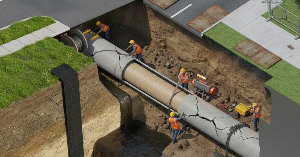 رسم توضيحي لعمال صيانة يقومون بتركيب بطانة داخلية لأنبوب ضخم كأحد حلول تسرب مياه الصرف الصحي والتشققات الأرضية.