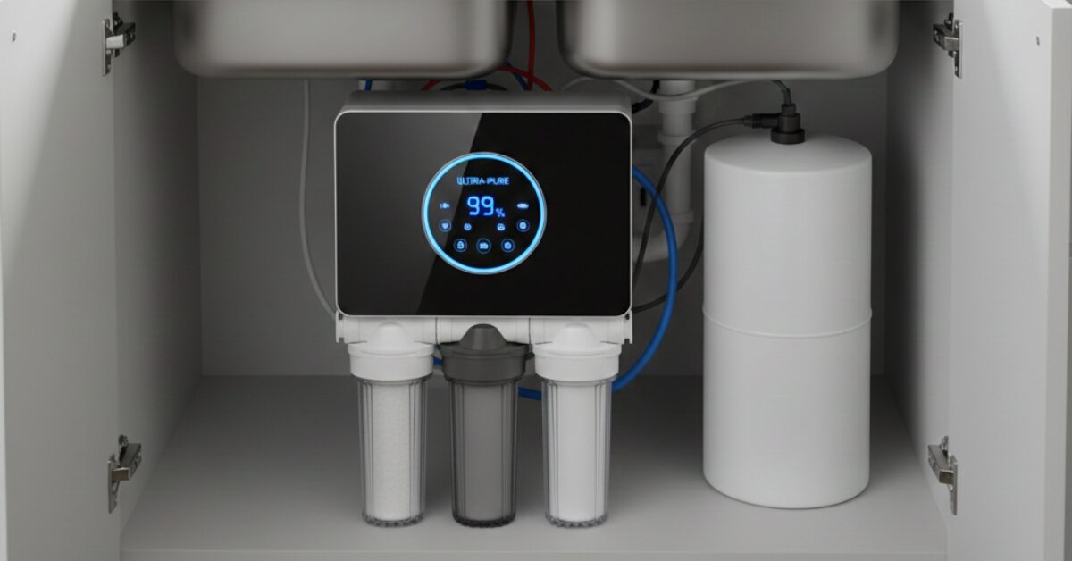 فلتر مياه منزلي ذكي مزود بشاشة LED دائرية وثلاث مراحل تنقية ظاهرة، يجمع بين التصميم الأنيق والكفاءة، ويوفر قيمة مقابل سعر جهاز تحلية المياه المنزلي الموفر للمساحة