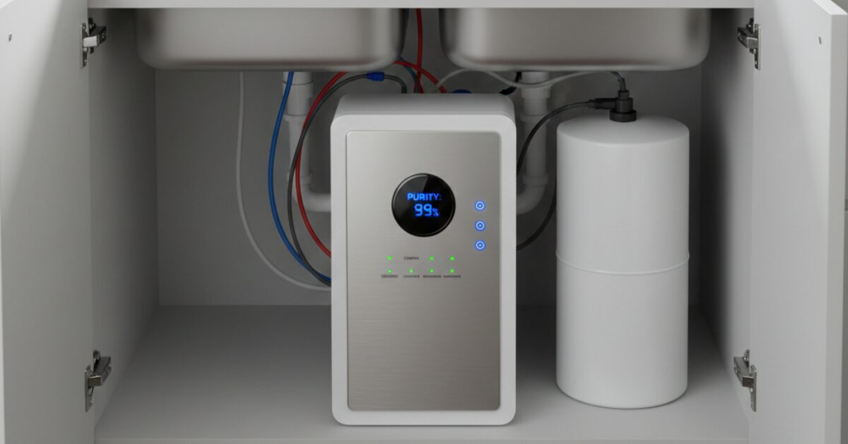 تصميم عصري متكامل لجهاز تنقية مياه ذكي يوضع تحت المغسلة، يتميز بواجهة رقمية متطورة توضح نسبة النقاء 99%، مما يجعله خياراً ممتازاً عند مقارنة سعر جهاز تحلية المياه المنزلي الحديث