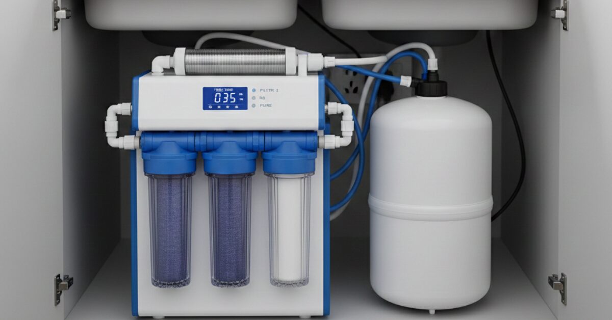 جهاز تحلية مياه منزلي بنظام التناضح العكسي RO مع شاشة رقمية لعرض نسبة الأملاح، يوضح مكونات الفلتر والخزان ومناسب لمن يبحث عن أفضل سعر جهاز تحلية المياه المنزلي بجودة عالية