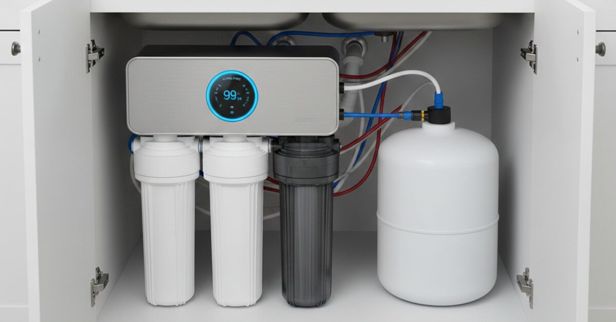 وحدة تحلية مياه منزلية احترافية مع خزان ضغط أبيض، تعرض نسبة نقاء المياه بدقة عالية على واجهة معدنية، مثالية لمن يستفسر عن سعر جهاز تحلية المياه المنزلي المتطور
