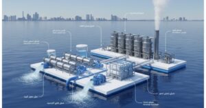 مخطط توضيحي لمنشأة بحرية تستعرض تقنيات متطورة ضمن طرق تحلية مياه البحر، تظهر فيها وحدات الفلترة، خزانات المعالجة، وأنابيب ضخ المياه العذبة مع بيانات توضيحية