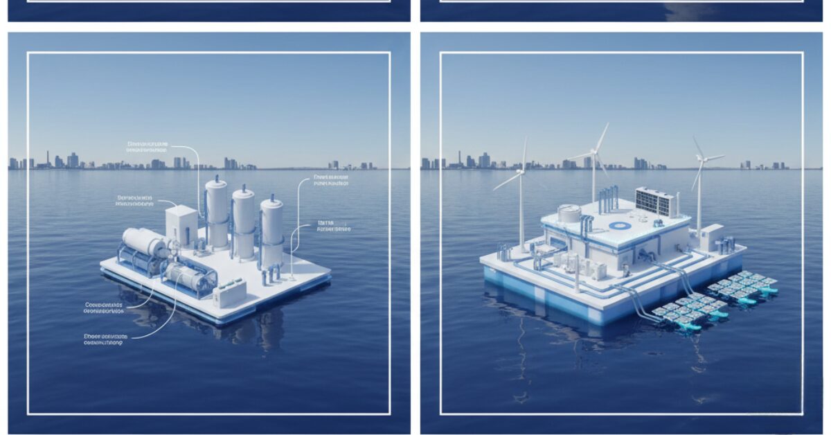 مقارنة بين نظامين من طرق تحلية مياه البحر: الأول يعتمد على وحدات الضغط العمودية، والثاني يستخدم توربينات الرياح لتوليد الطاقة اللازمة لعملية التحلية فوق منصة عائمة